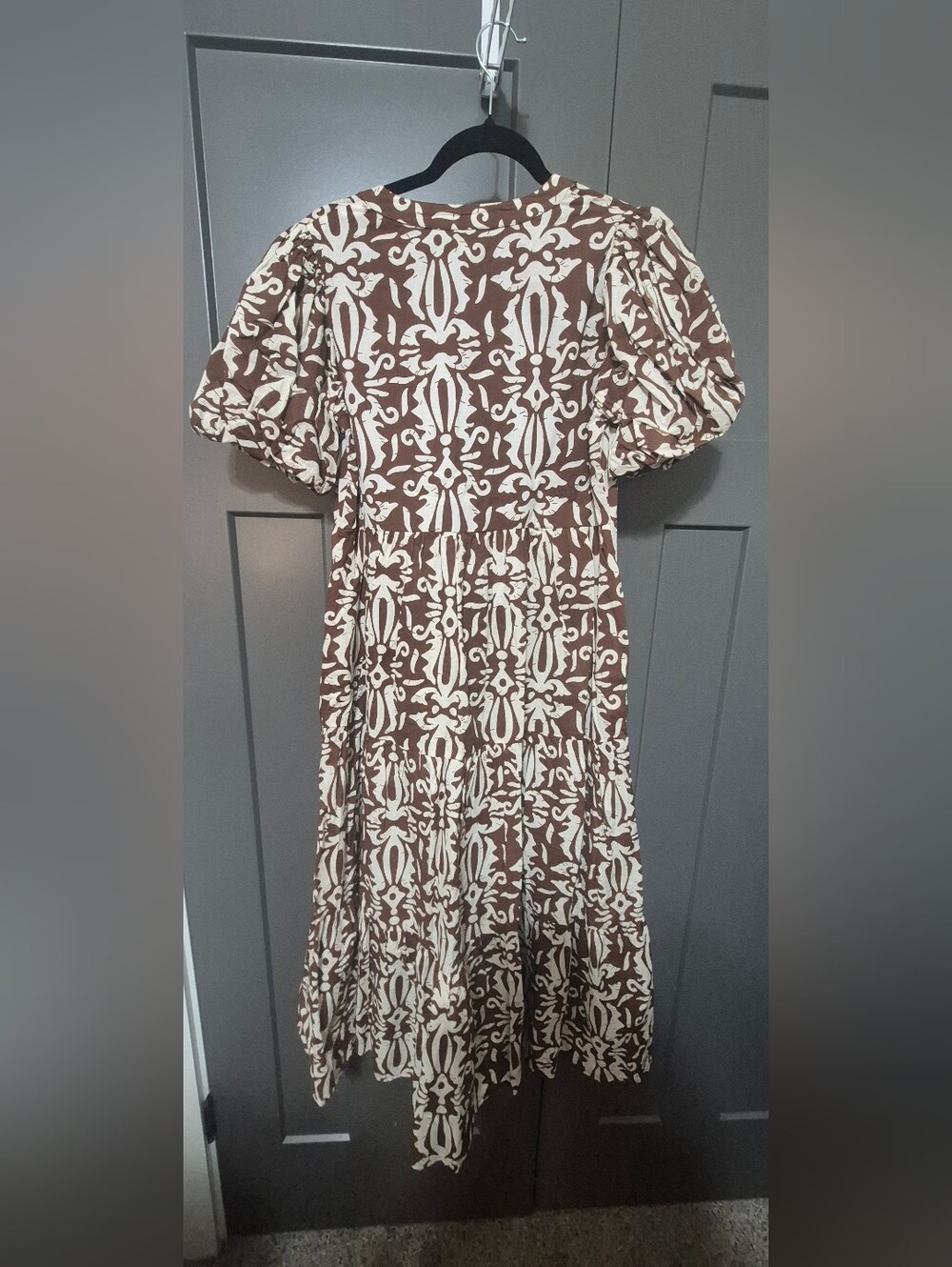 THML Brown Ivory Batik Print Puff Sleeve Cotton Midi Dress S - Picture 3 of 7